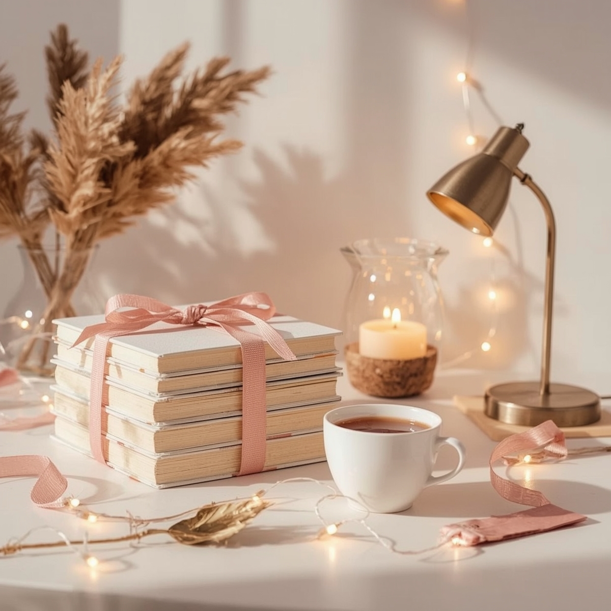 Idées cadeaux pour passionnés de lecture – pile de livres avec ruban, tasse de thé et ambiance chaleureuse