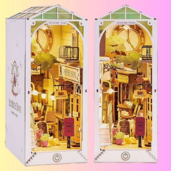 Avis Ikibook – Maquette serre-livre DIY Rolife Sunshine Town en bois, décoration lumineuse et colorée pour bibliothèque